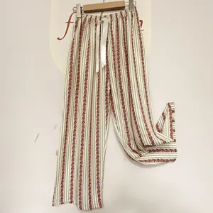 Floral striped rayon pajama pants for women, thin and breathable wide-leg home lounge trousers