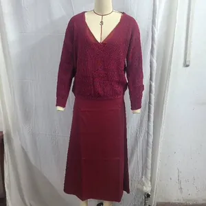 Elegant burgundy V-neck knit sweater and satin slip dress two-piece outfit set