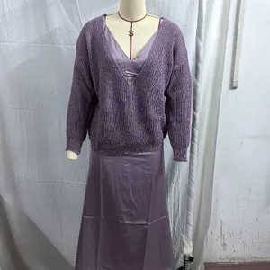 Fashionable lavender two-piece set featuring a V-neck knitted sweater and satin slip dress