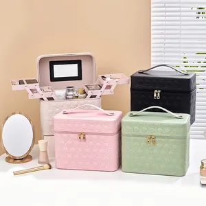 PU Leather Makeup Case With Built-in Mirror And Four Foldable Trays Portable Circular Quilted Pattern Travel Cosmetic Organizer Box