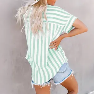 Casual green and white striped short sleeve button-down blouse shirt for women daily wear