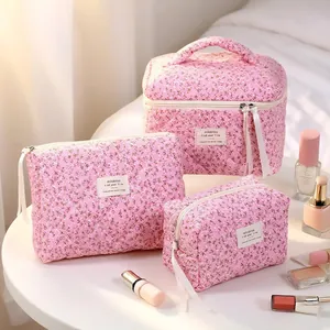 Quilted Cotton Cosmetic Bag Floral Cherry Blossom Large Capacity Travel Toiletry Organizer With Handle For Women
