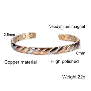 Adjustable tricolor copper magnetic therapy cuff bracelet with a twisted metal design