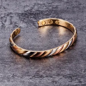Elegant adjustable 3-color copper magnetic cuff bracelet with twill pattern, 8mm width