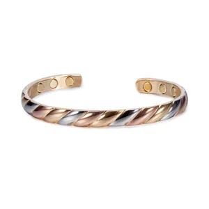 Adjustable tricolor magnetic copper bracelet with twisted diagonal pattern design