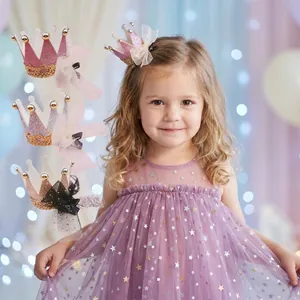 Vintage Mesh Crown Swan Hair Clip For Girls Kids Glitter Sequin Princess Hairpin Birthday Party Hair Accessories