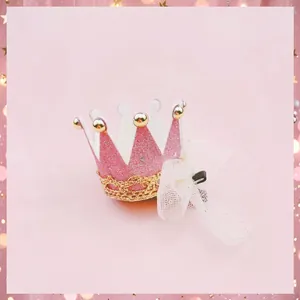 Handmade glittery pink princess crown hair clip with white tulle bow for girls birthday party