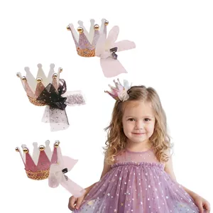Glitter princess crown hair clips with tulle bow for girls party