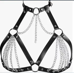 Gothic black faux leather body harness with silver metal chain tassel detail for women.