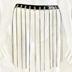 Stylish black leather waist belt featuring long silver fringe chains for women