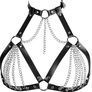 Gothic black faux leather body harness with multi-layer silver chains for women