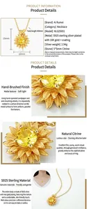 S925 sterling silver sunflower pendant necklace with yellow crystal center and brushed finish