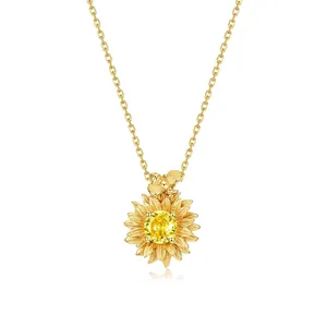 Luxury 925 Sterling Silver Sunflower Honeybee Pendant Necklace Yellow Citrine Zirconia Inlaid Gold Plated Fashion Jewelry