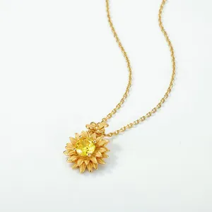 S925 sterling silver sunflower pendant necklace featuring handcrafted brushed gold petals