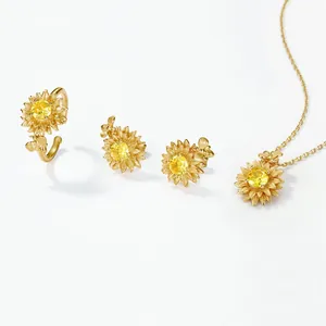 Handcrafted S925 silver sunflower jewelry set including ring, stud earrings and necklace