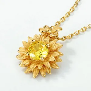 Exquisite S925 sterling silver sunflower necklace with yellow crystal and brushed gold bee