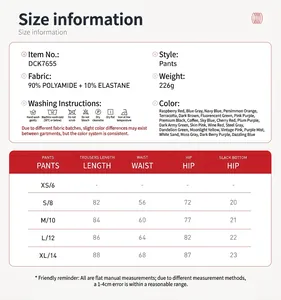 Size chart for high waist seamless yoga pants showing length, waist, and hip measurements.