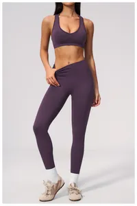 Detail view of purple seamless tummy control yoga pants for professional workout