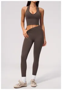 Detailed view of the brown seamless yoga set including top and tight leggings.
