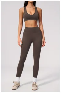 Detailed view of women's seamless high-waist yoga leggings and matching sports bra set