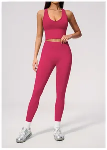 Full view of professional women's seamless high-waist fitness yoga set in vibrant magenta