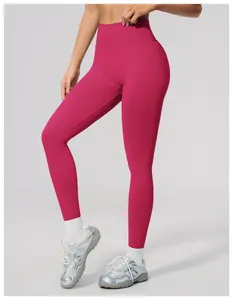 High waist seamless yoga pants in deep pink color for professional fitness and running training