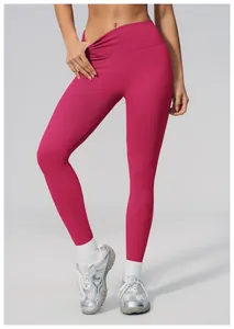 Close-up of high-waisted seamless rose red yoga leggings for effective tummy control