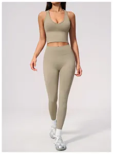Front view of a khaki seamless yoga set featuring a V-neck top and high waist leggings.