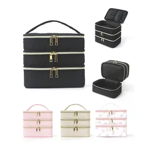 Multi Layer Polyester Makeup Bag Quilted Rhombus Pattern Large Capacity Travel Toiletry Case Portable Zipper Organizer
