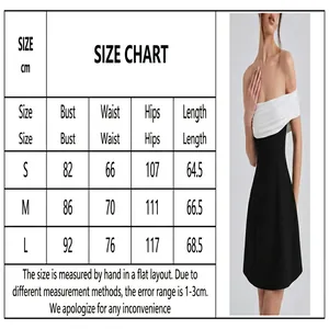 Size guide for black and white off-shoulder mini dress with bust and waist measurements
