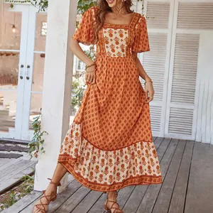 Bohemian floral rayon maxi dress with square neck and ruffle hem for summer vacation