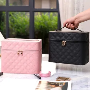 Makeup Train Case With LED Lighted Mirror Quilted PU Leather Large Capacity Portable Travel Organizer Cosmetic Box Handle