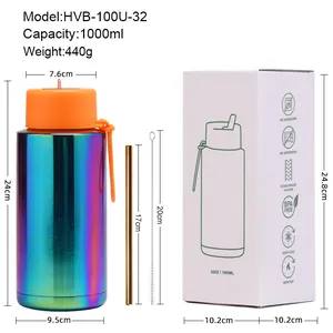1L electroplated colorful stainless steel sports water bottle with straw and dimensions