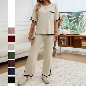Haut Et Pantalon En Tricot Pour Femmes Vêtements De Détente Décontractés Chemise À Manches Courtes Pantalon Large À Rayures