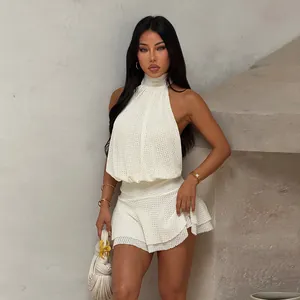 Sexy Crochet Knit Halter Backless Mini Dress Hollow Out Ruffle Hem Summer Beach Vacation For Women