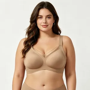 Comfortable plus size wireless V-neck mesh T-shirt bra with soft support in beige color