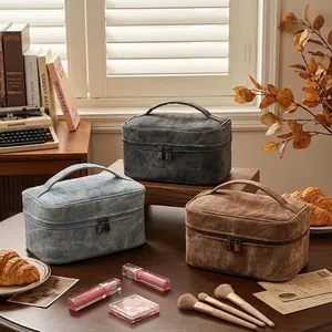 Large Capacity Makeup Bag Denim Texture Fabric Travel Toiletry Organizer Portable Multi Layer Case Retro Style For Women