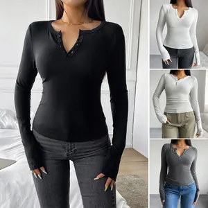 T-Shirt Henley À Manches Longues Pour Femmes Viscose Élasthanne Côtelé Col En V Bouton Coupe Ajustée Haut Décontracté