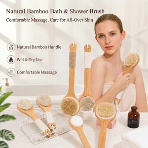 Natural Bristle Loofah Bath Brush Long Handle Wooden Body Scrubber Shower Dry Skin Brushing Exfoliating Massage Manual