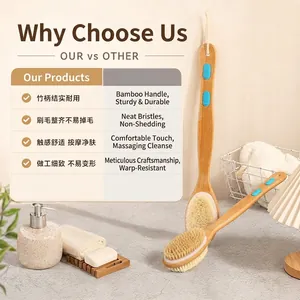 Long handle bamboo bath brush with natural boar bristles for back scrubbing
