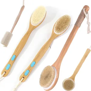 Long handle boar bristle bath brush set for back scrubbing and body exfoliation