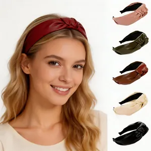 Fashion Wide Knotted Headband PU Leather Hair Band Solid Color Elegant Hair Hoop For Women Girls
