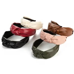 Set of elegant PU leather wide headbands with stylish knotted design in six colors