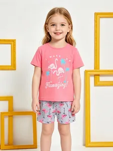 Mädchen Baumwolle Flamingo Print Kurzarm T-Shirt Und Graue Shorts Set Tropische Palme Sommer Freizeit Pullover Top Und Hose