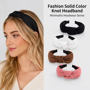 Stylish wide solid color knotted headband set for women in black, white, brown, pink