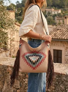 Bohemian Woven Shoulder Bag Women Ethnic Geometric Pattern Large Hobo Tote With Long Tassels Fringe PU Leather Strap