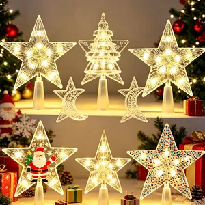 Collection of various glowing LED Christmas tree topper stars with warm white light