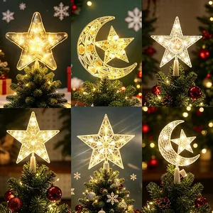 Christmas Tree Topper Star LED Light Up Glowing Transparent Plastic Pentagram Ornament For Holiday Party Decor Home