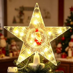 Warm glow transparent star tree topper with miniature Santa Claus decoration