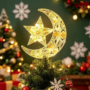 Elegant gold moon and star Christmas tree topper with warm glowing LED light decoration